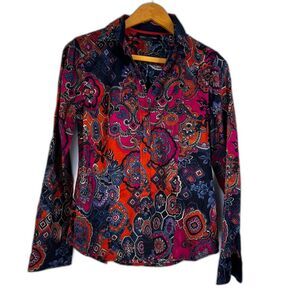 Jones New York 100% Cotton Dark Maximalist Print Button Down Shirt Size Small